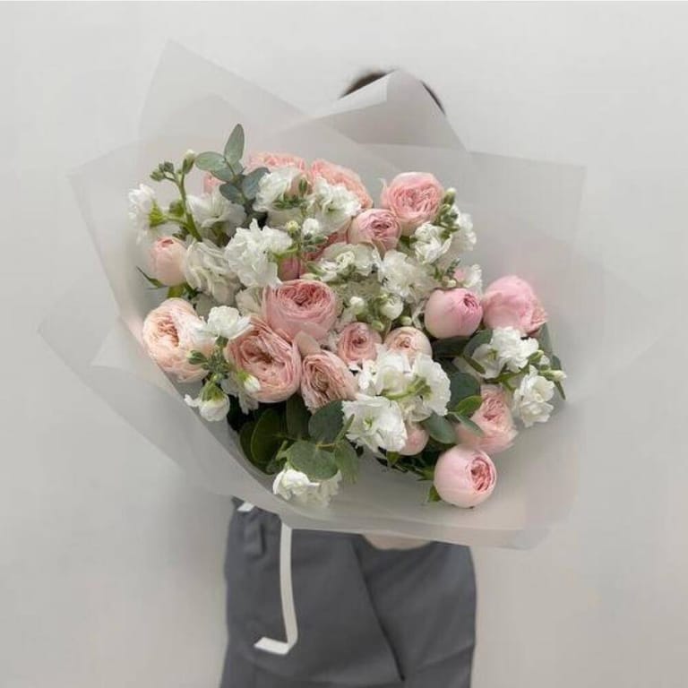 Pink Peony Rose And White Matthiola Bouquet-A162 - Image 3