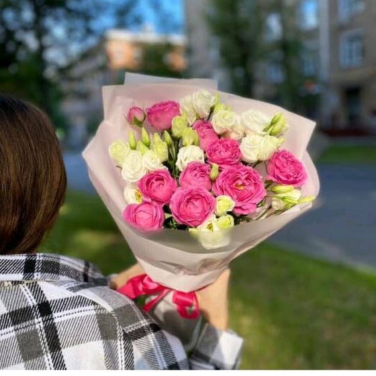 Pink Peony Rose White Lisianthus Bouquet-A199 - Image 1