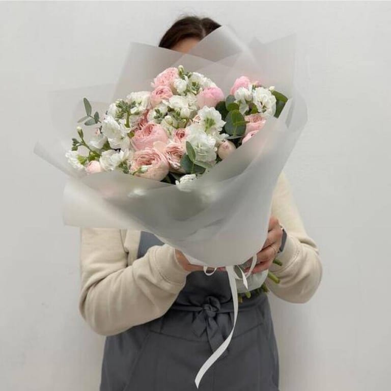 Pink Peony Rose And White Matthiola Bouquet-A162 - Image 4