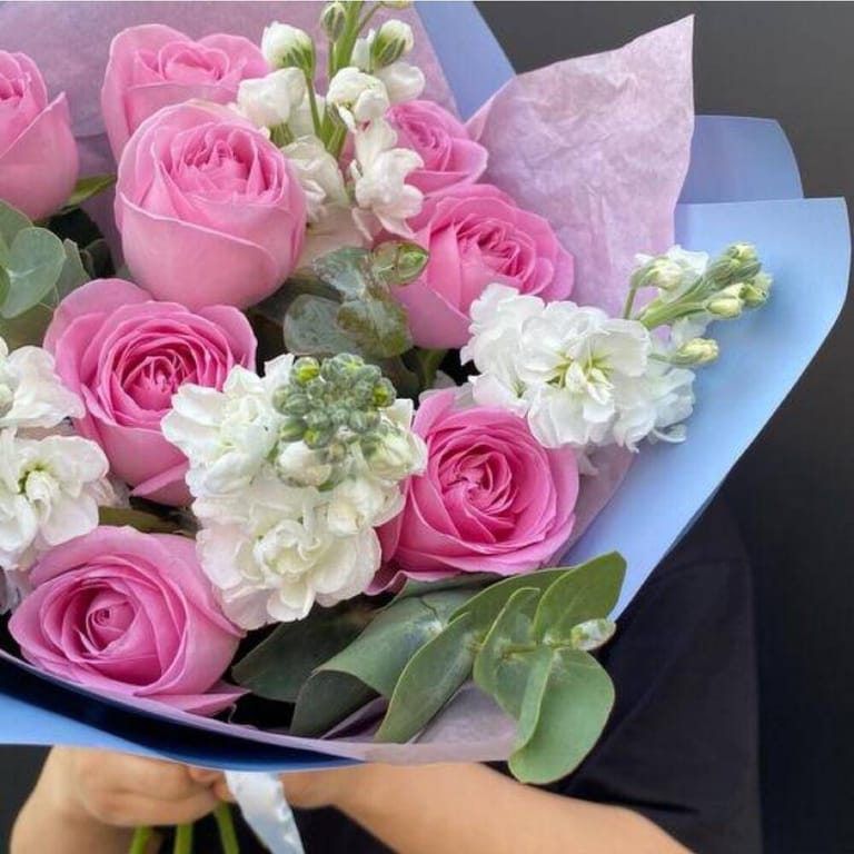 Pink Rose And White Matthiola Bouquet-A156 - Image 5