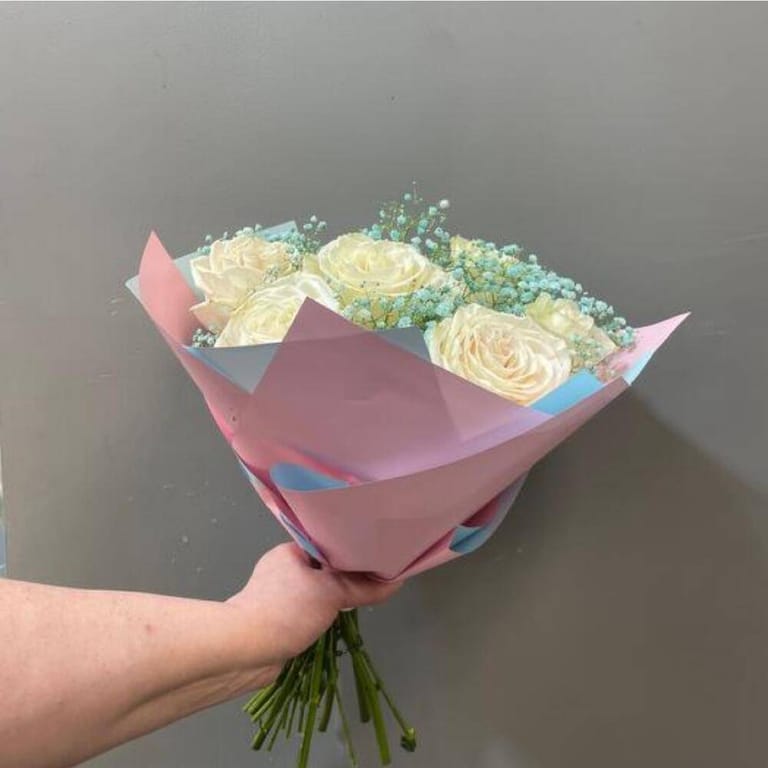 White Ohara And Blue Baby s Breath Bouquet-A176 - Image 4