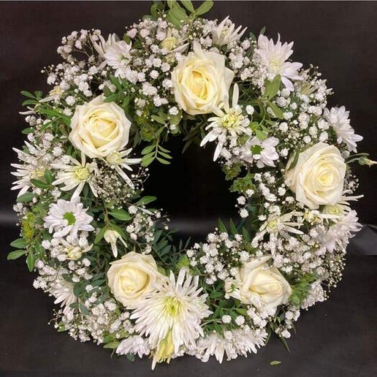 White Sympathy Wreath with Roses Baby s Breath-A253 - Image 1