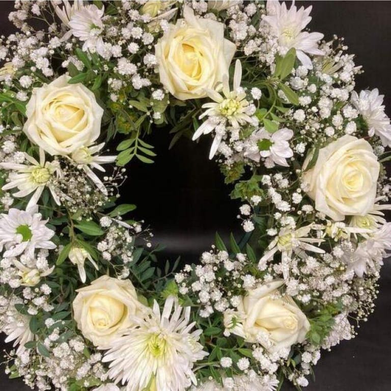 White Sympathy Wreath with Roses Baby s Breath-A253 - Image 2