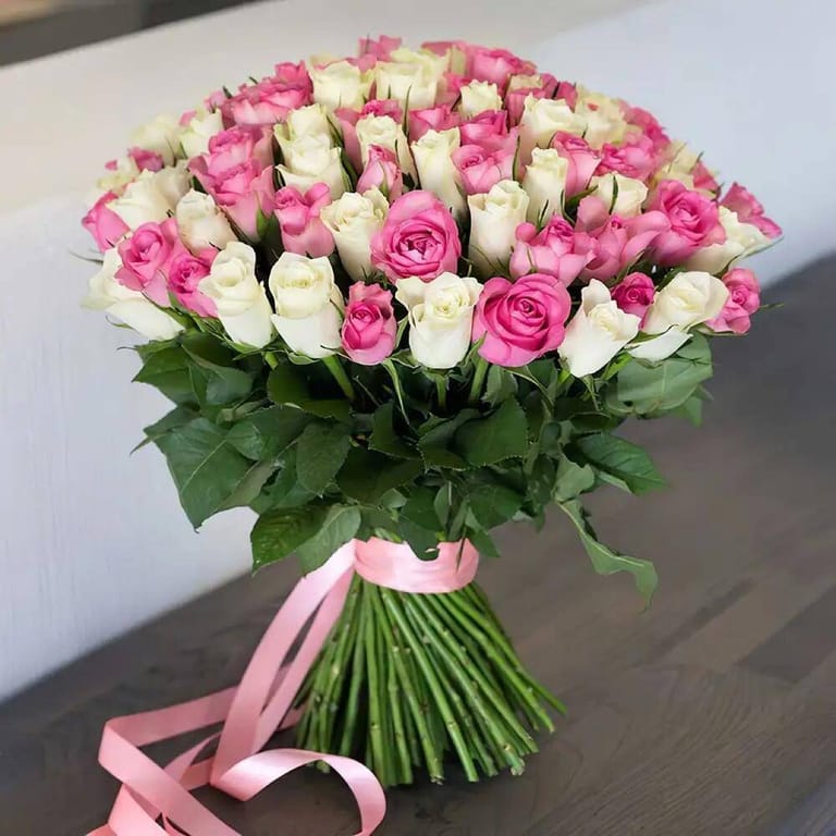 Pink White Roses Hand-Tied Bouquet-A278 - Image 1
