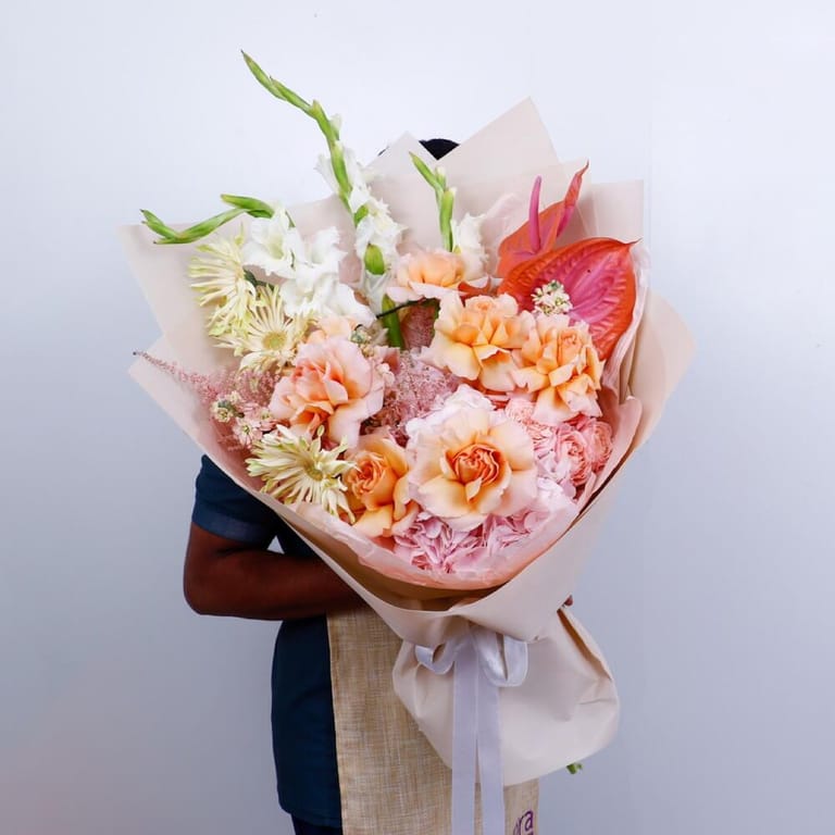 Peach Roses, Hydrangea Anthurium Luxury Bouquet-A289 - Image 1