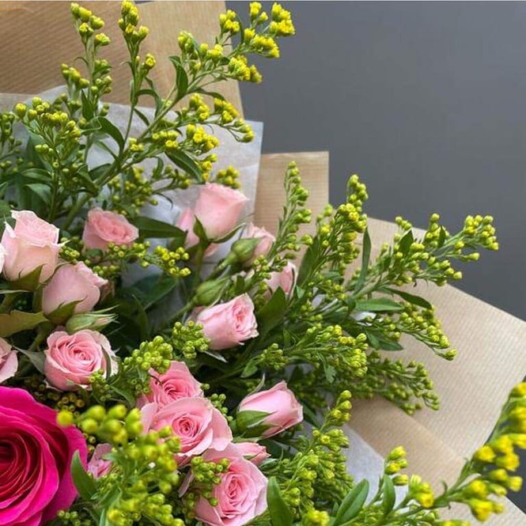 Pink Roses Golden Solidago Bouquet-A259 - Image 4