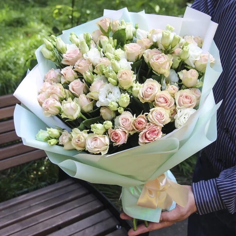 Pink Spray Roses White Lisianthus Bouquet-A295 - Image 1