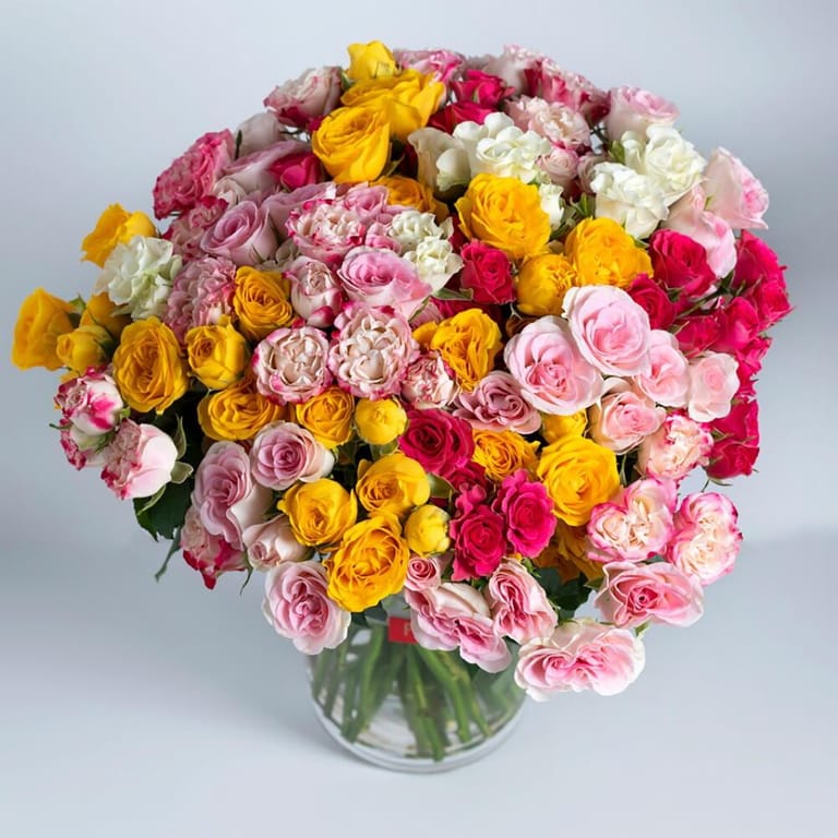 Mixed Color Spray Roses in Glass Vase-A316 - Image 1