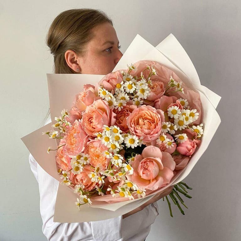 Julieta Peony Roses And Tanacetum Bouquet-A342 - Image 1