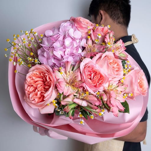 Pink Garden Roses, Hydrangea Alstroemeria Bouquet-A350