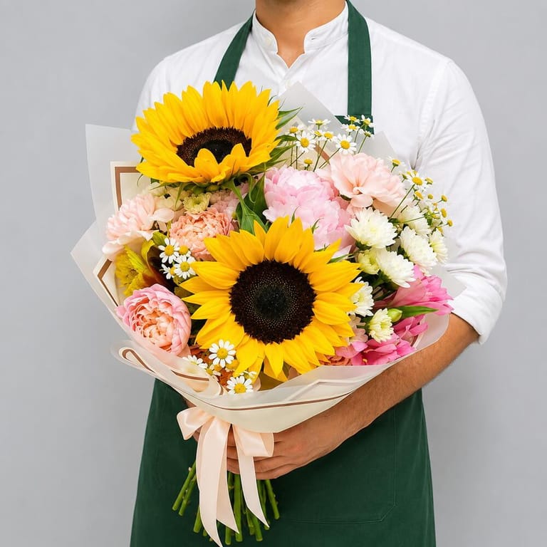 Sunflower Blush Pink Mixed Flower Bouquet-A353 - Image 1