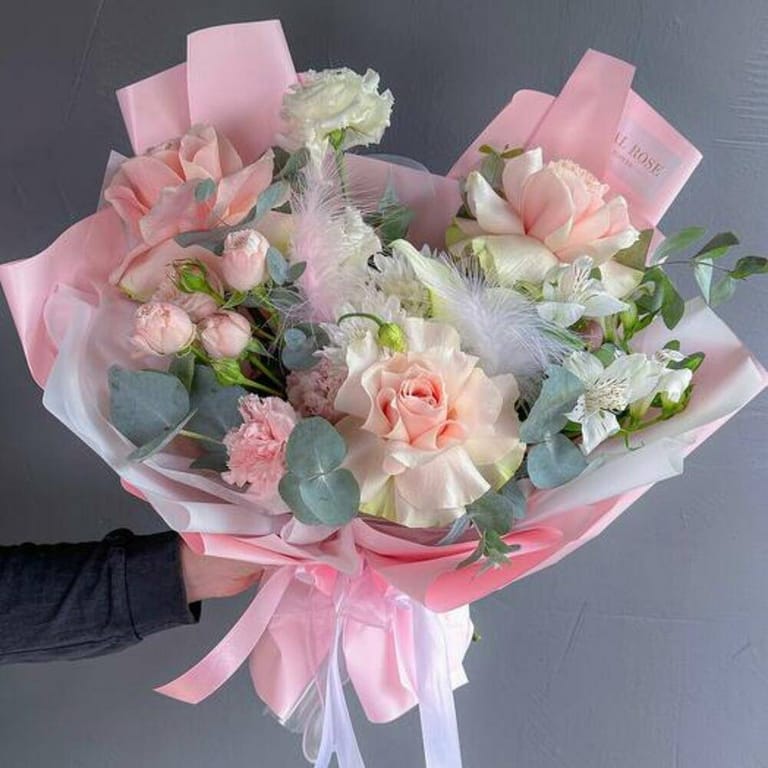 Pink Bouquet With Eucalyptus Roses And Peony Rose-A357 - Image 1