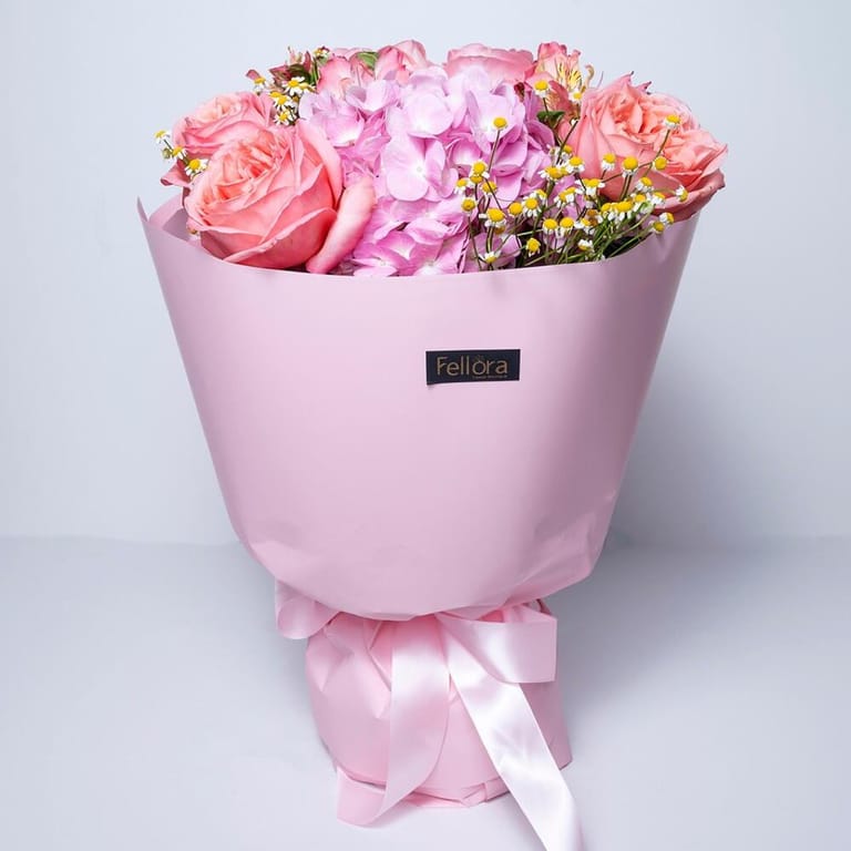 Pink Garden Roses, Hydrangea Alstroemeria Bouquet-A350 - Image 2