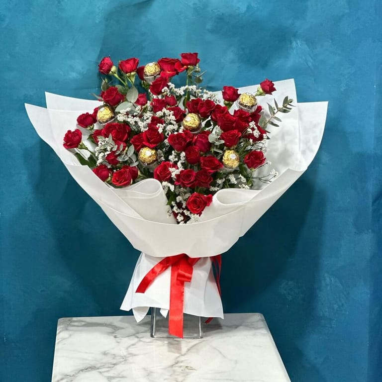 Red Spray Roses, Baby s Breath Ferrero Rocher Bouquet-A360 - Image 1