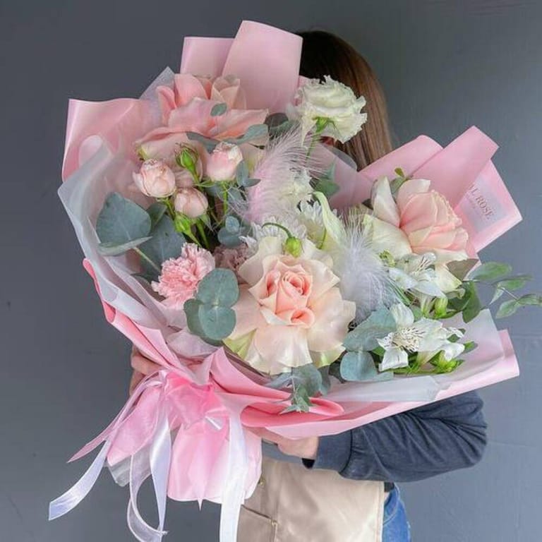 Pink Bouquet With Eucalyptus Roses And Peony Rose-A357 - Image 2
