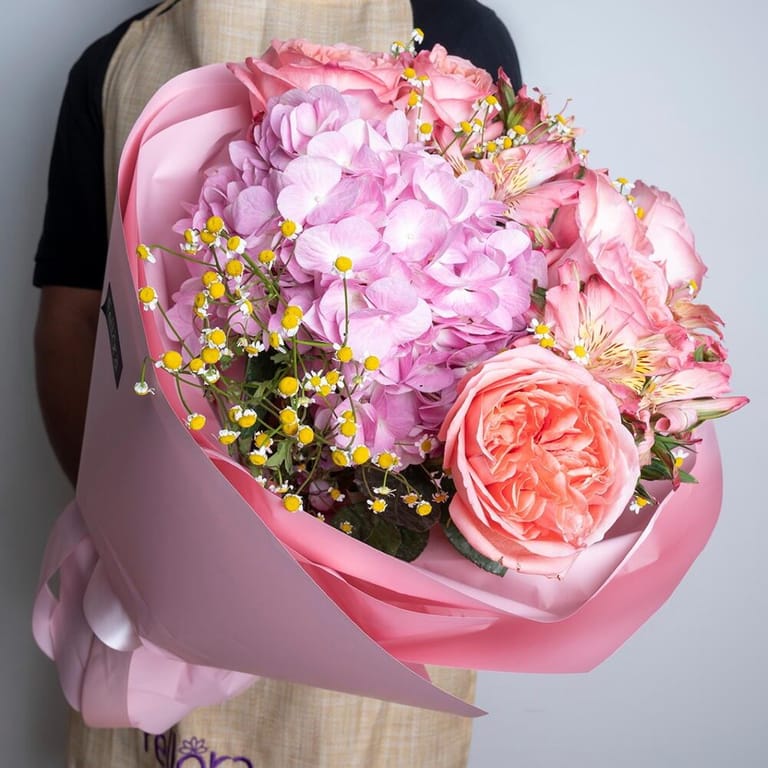 Pink Garden Roses, Hydrangea Alstroemeria Bouquet-A350 - Image 3