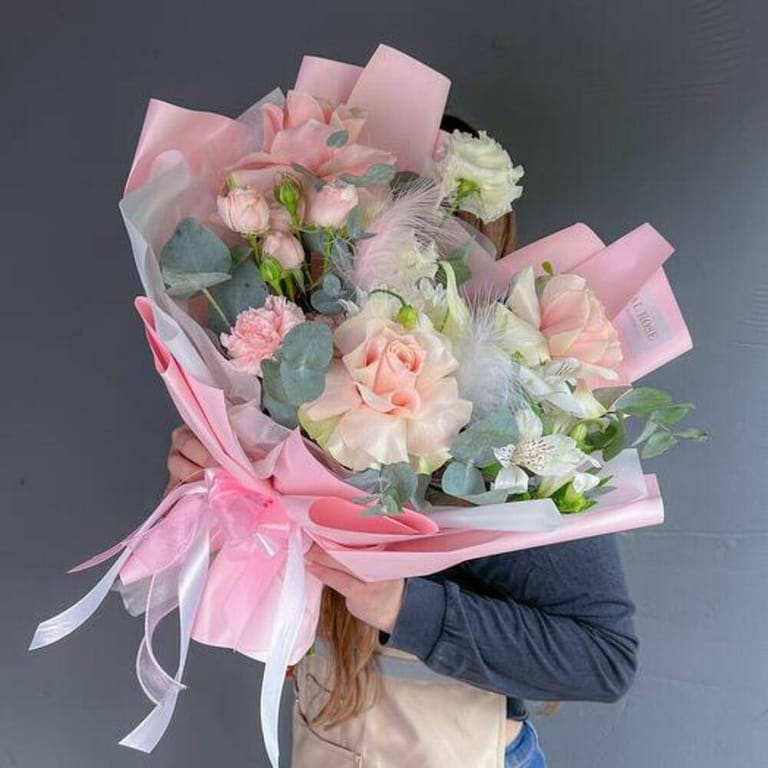 Pink Bouquet With Eucalyptus Roses And Peony Rose-A357 - Image 3