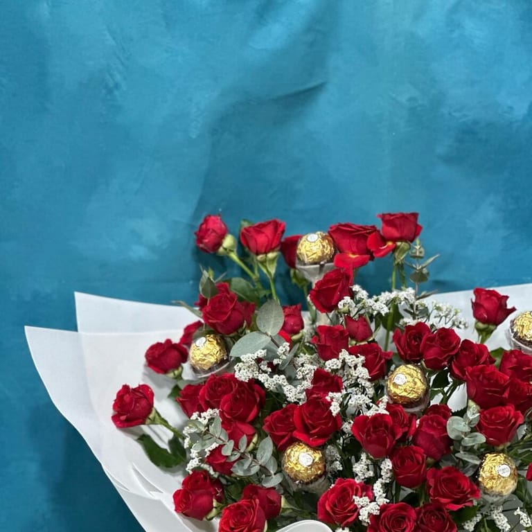 Red Spray Roses, Baby s Breath Ferrero Rocher Bouquet-A360 - Image 3