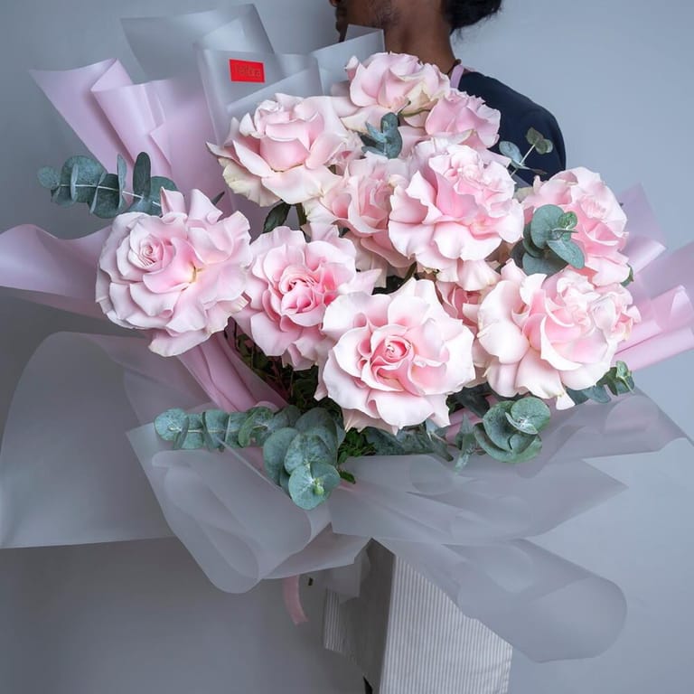Premium Blush Pink Mondial Roses Eucalyptus Bouquet-A396 - Image 1