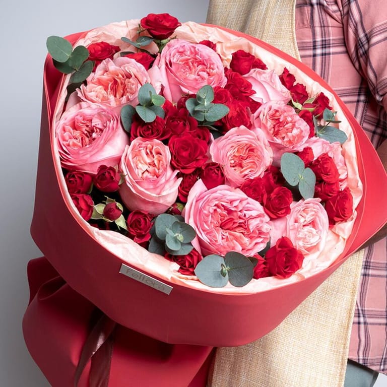 Pink Peony Roses And Red Spray Roses Luxury Bouquet-A448 - Image 1