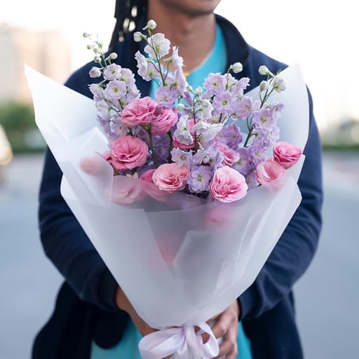 Pink Roses And Lavender Delphinium Bouquet-A466