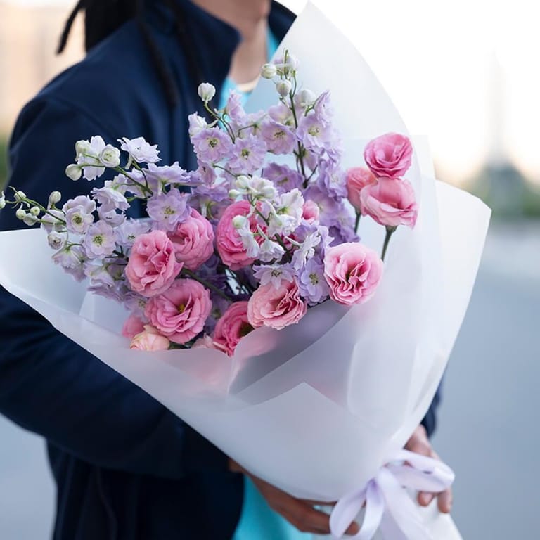 Pink Roses And Lavender Delphinium Bouquet-A466 - Image 2
