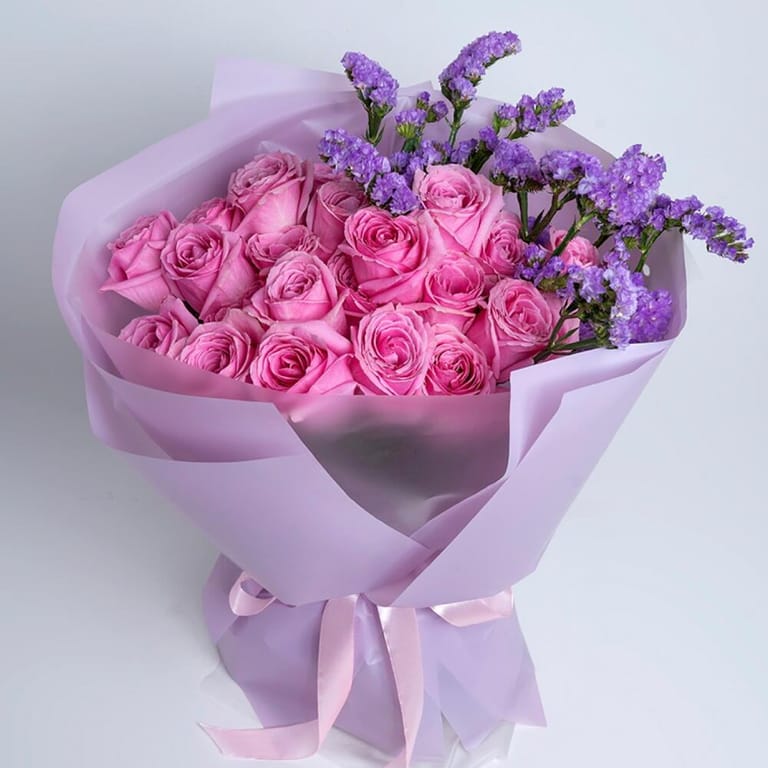 Pink Roses And Purple Statice Luxury Bouquet-A460 - Image 3