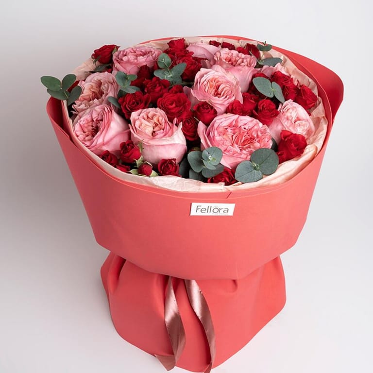 Pink Peony Roses And Red Spray Roses Luxury Bouquet-A448 - Image 4