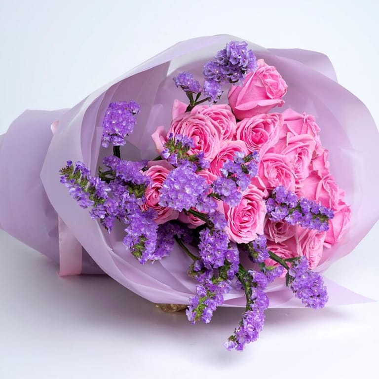 Pink Roses And Purple Statice Luxury Bouquet-A460 - Image 4