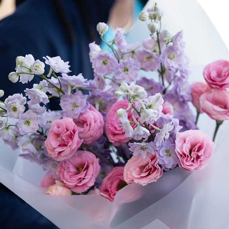 Pink Roses And Lavender Delphinium Bouquet-A466 - Image 4