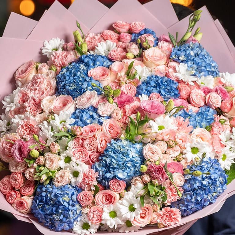 Luxury Blue Hydrangea Pink Roses Grand Bouquet-A479 - Image 3