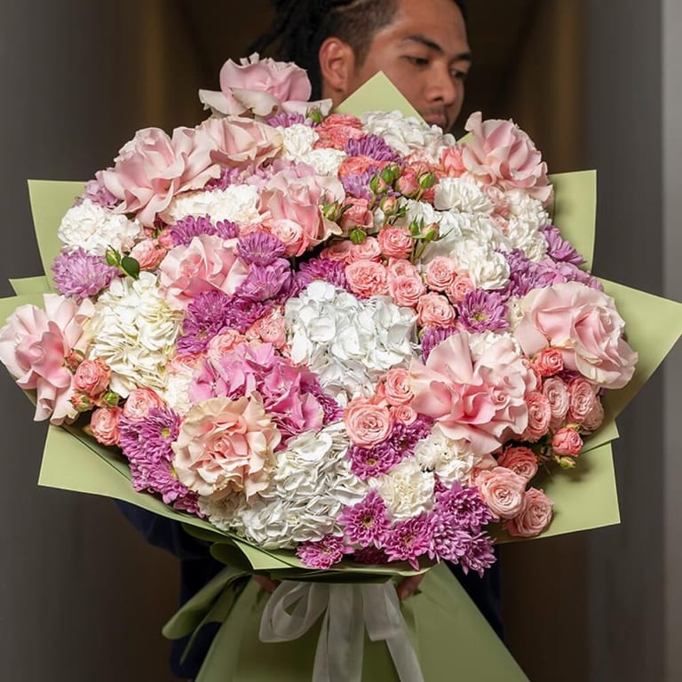 Pink Roses And White Hydrangea Luxury Bouquet-A480 - Image 3