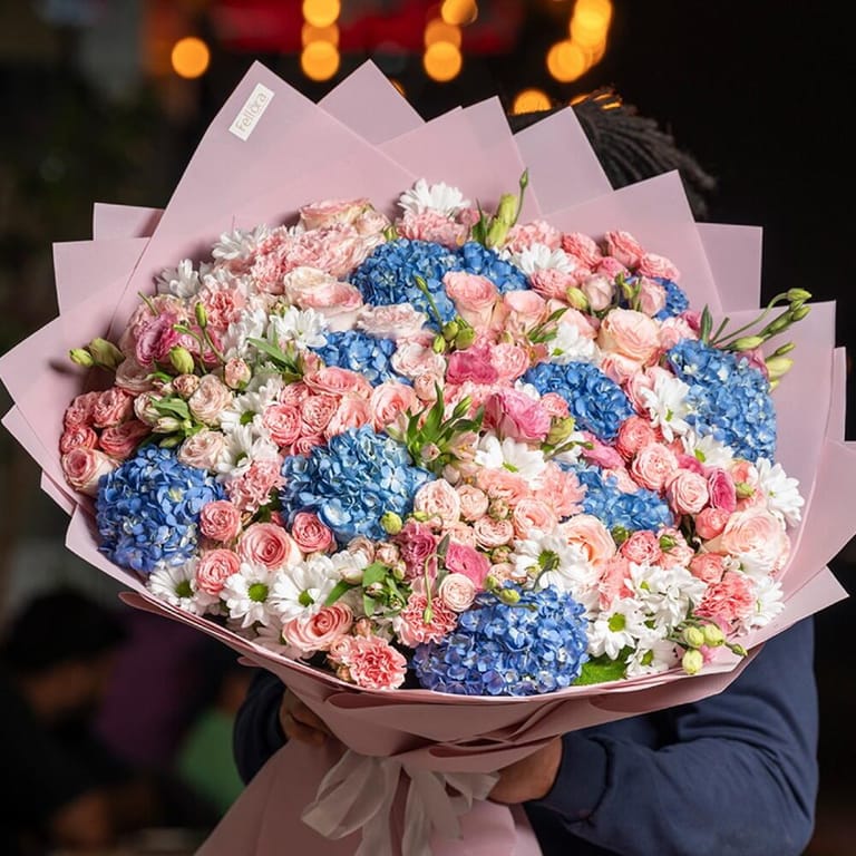 Luxury Blue Hydrangea Pink Roses Grand Bouquet-A479 - Image 4