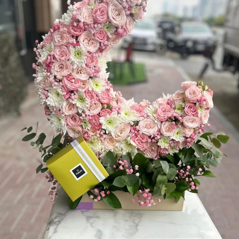Luxury Pink Crescent Roses And Patchi Chocolate Arrangement-A496 - Image 1