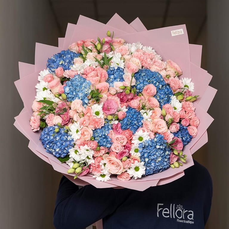 Luxury Blue Hydrangea Pink Roses Grand Bouquet-A479 - Image 5