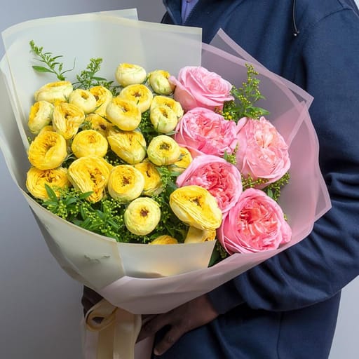 Yellow Peony Rose And Pink Garden Roses Luxury Bouquet-A499