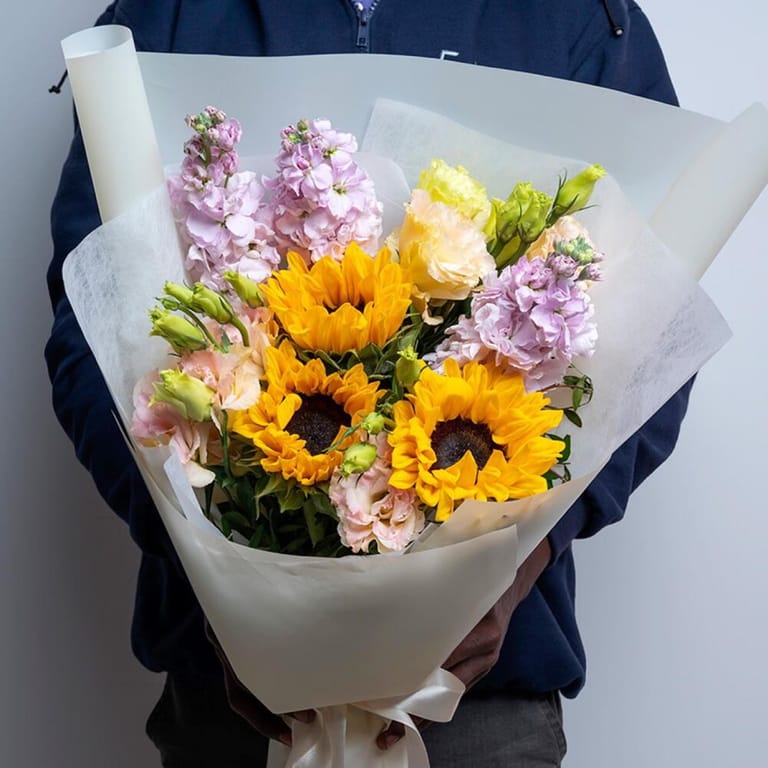 Sunflower Pink Matthiola And Lisianthus Bouquet-A500 - Image 1