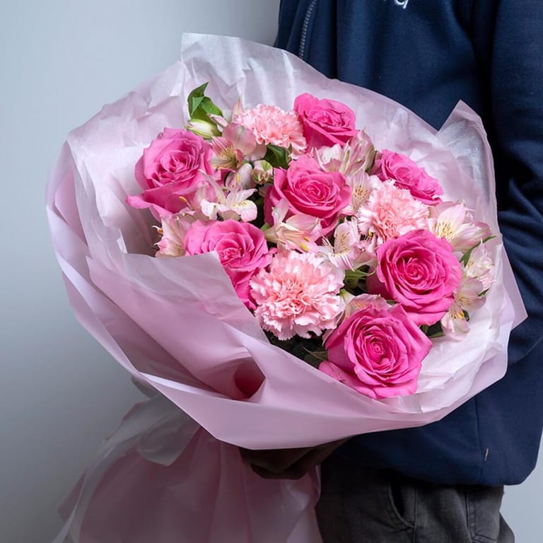 Pink Roses And Alstroemeria Bouquet-A504 - Image 1
