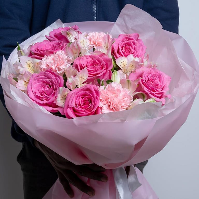 Pink Roses And Alstroemeria Bouquet-A504 - Image 2