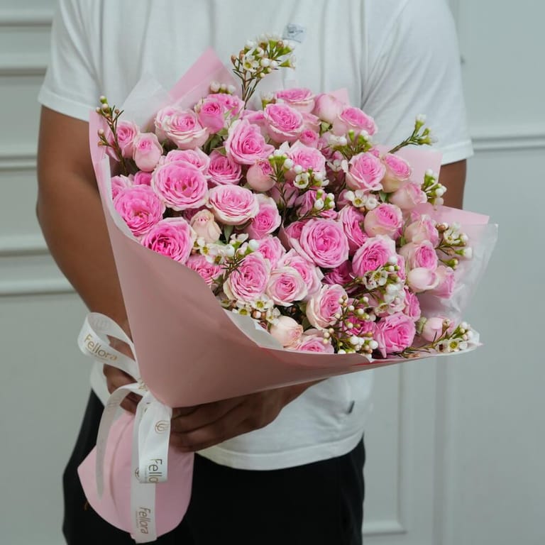 Pink Spray Roses And Wax Flower Bouquet-A510 - Image 1