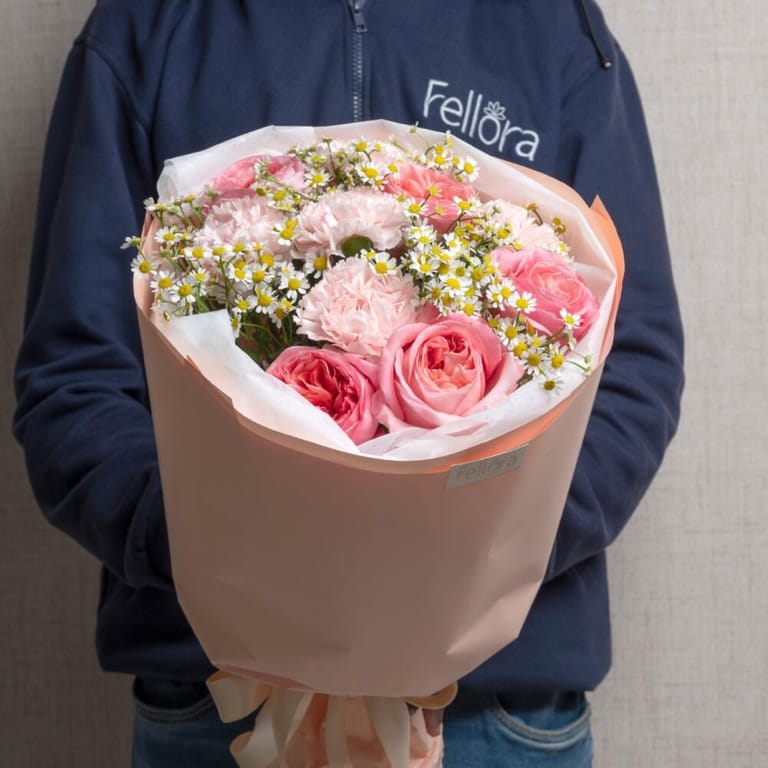 Pink Garden Roses Carnations And Chamomile Bouquet-A511 - Image 2