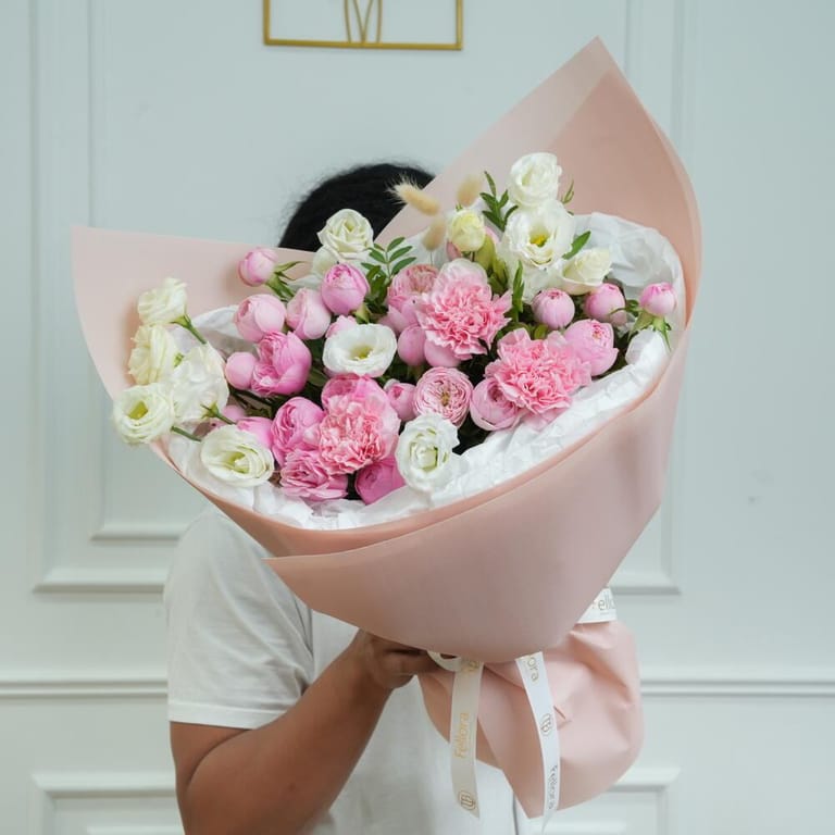 Pink Peony Roses Carnations And White Lisianthus Bouquet-A517 - Image 1