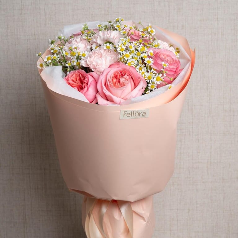 Pink Garden Roses Carnations And Chamomile Bouquet-A511 - Image 3
