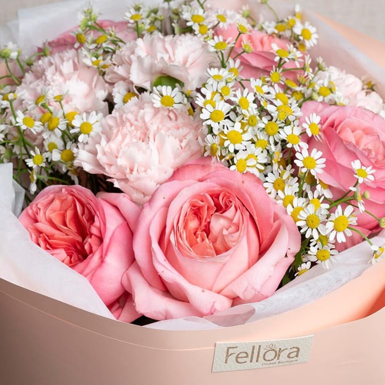 Pink Garden Roses Carnations And Chamomile Bouquet-A511 - Image 4