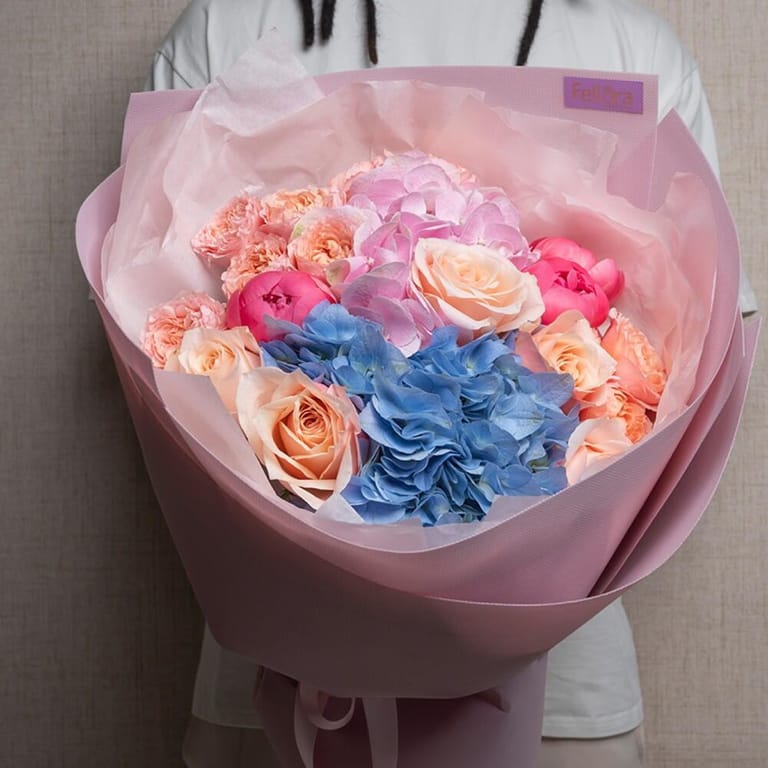Pink Peonies Peach Roses And Blue Hydrangea Luxury Bouquet-A534 - Image 1