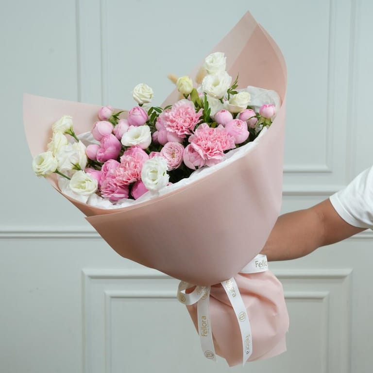 Pink Peony Roses Carnations And White Lisianthus Bouquet-A517 - Image 3