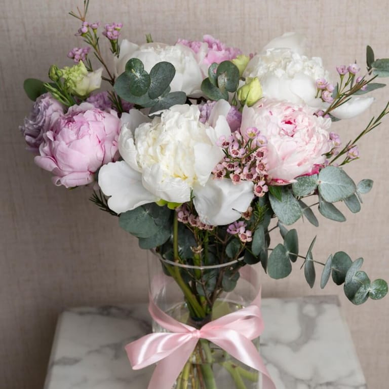 Pink And White Peonies with Eucalyptus Luxury Vase-A538 - Image 1