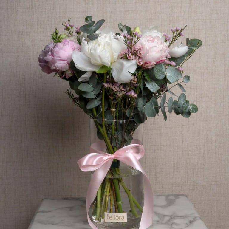 Pink And White Peonies with Eucalyptus Luxury Vase-A538 - Image 2