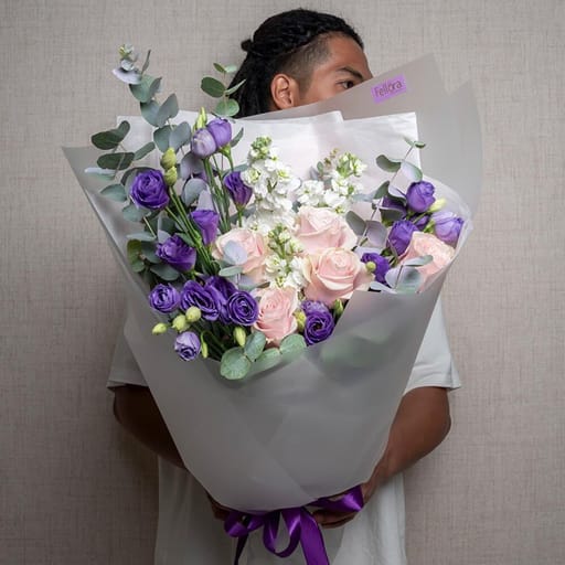 Purple Lisianthus Pink Roses And Matthiola Bouquet-A550