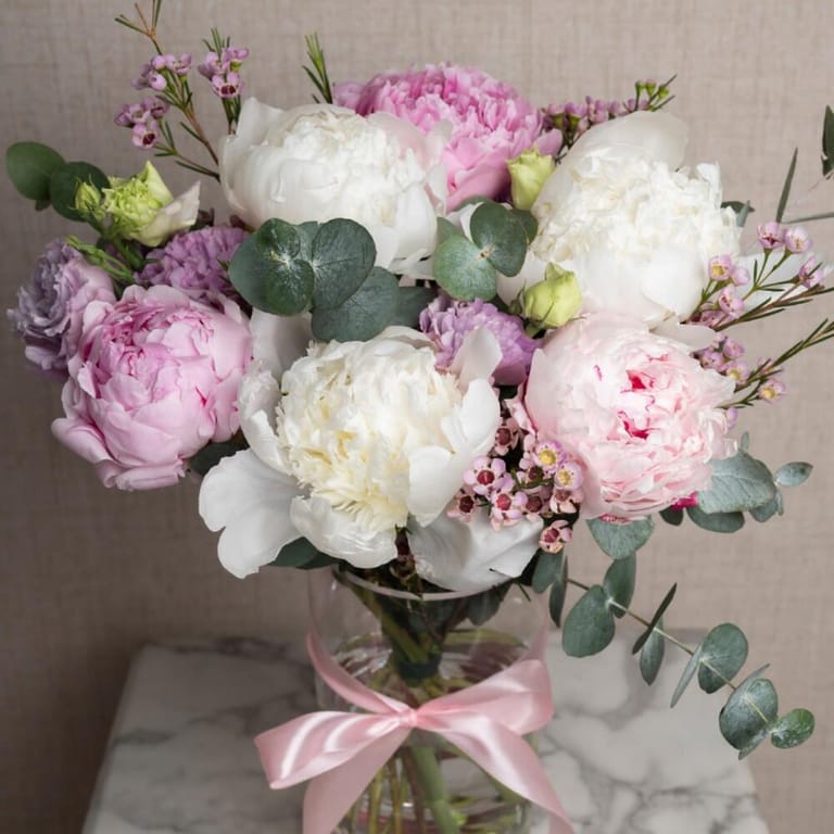 Pink And White Peonies with Eucalyptus Luxury Vase-A538 - Image 3